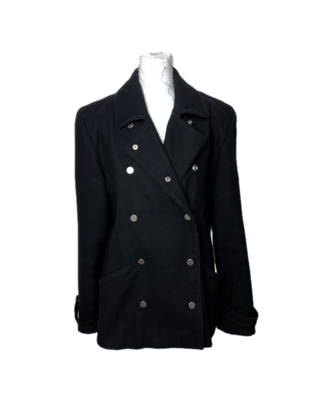 Kristen Blake Pritti Black Wool Blend Button Front Peacoat - Size Medium